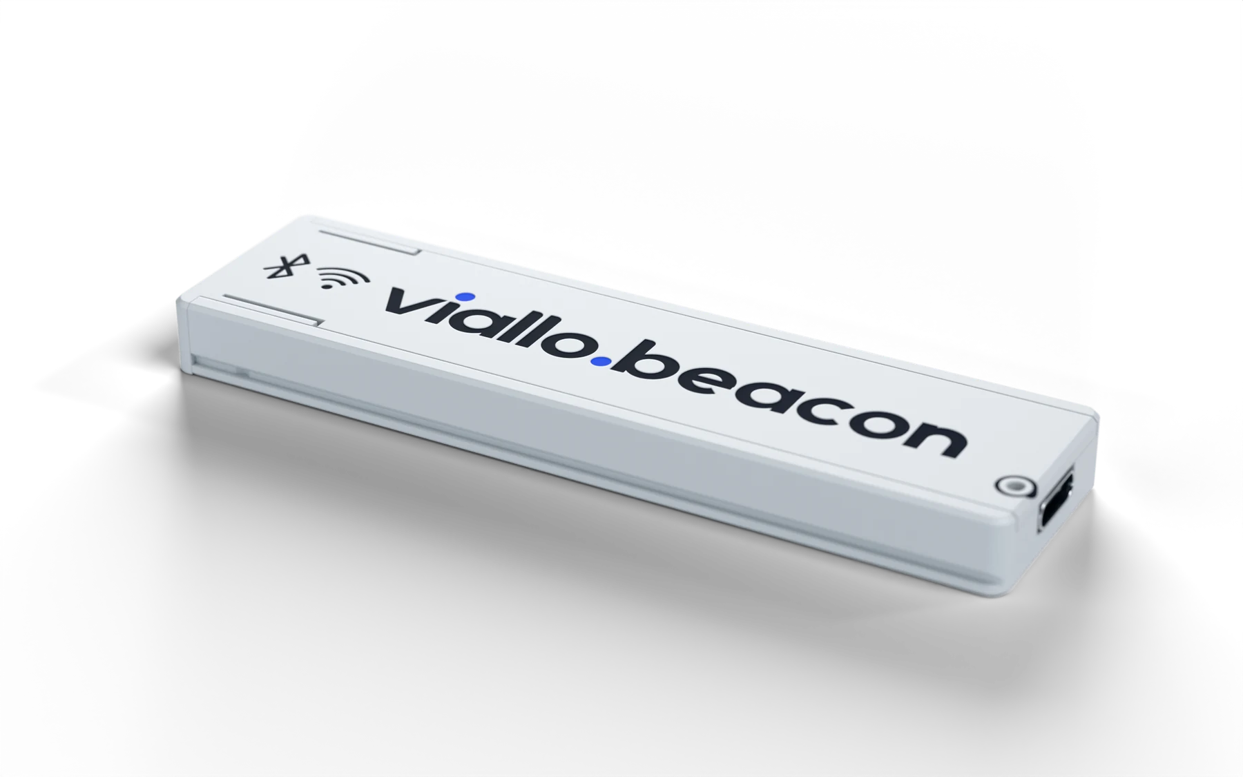 viallo.beacon, a slim light grey case with the viallo.beacon wordmark on top